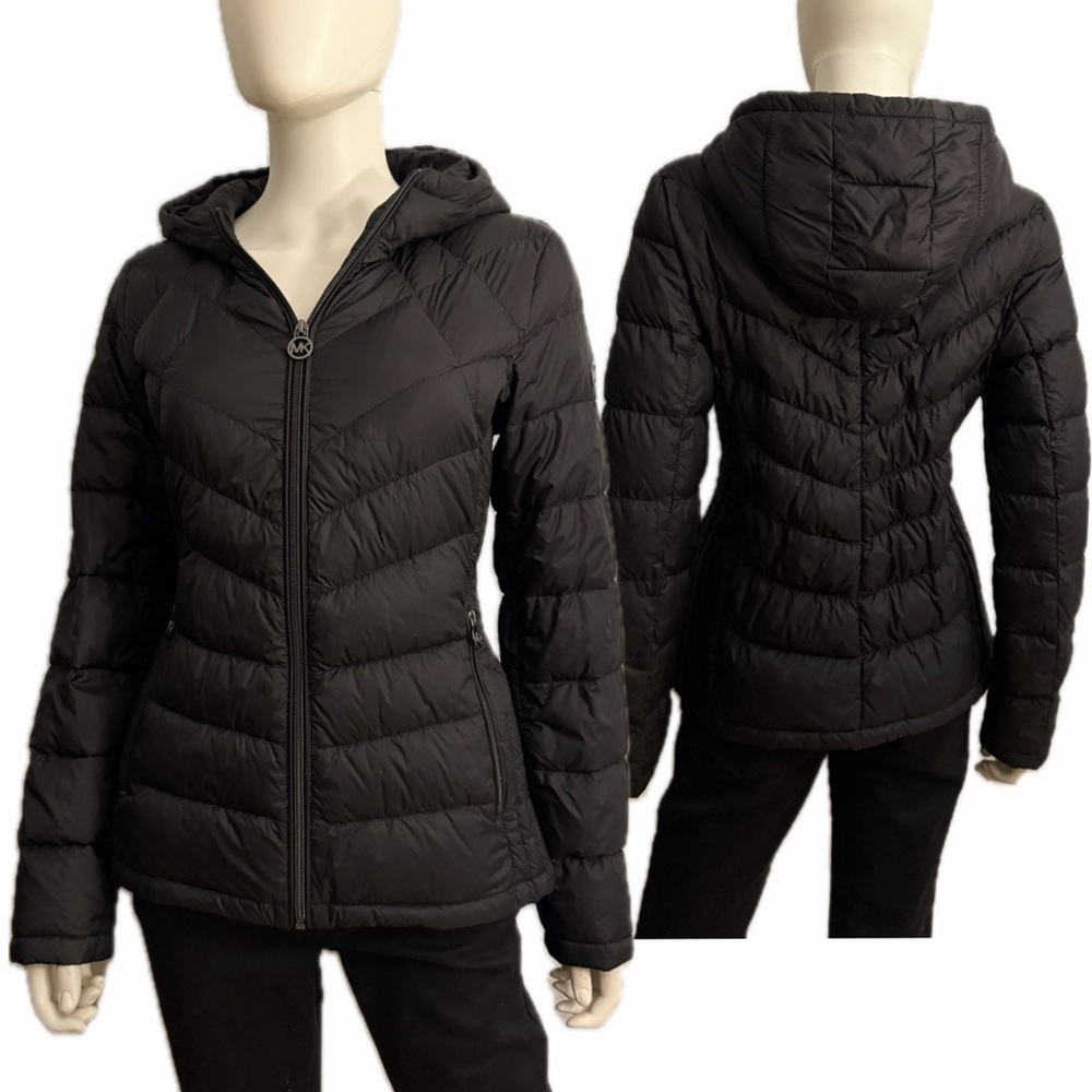 MICHAEL KORS WOMEN DOWN FILL LIGHTWEIGHT QUILTED‎ JACKET HOODED ZIPPED IN BLACK